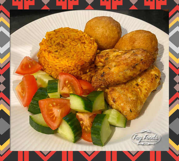 Fay Foods Puff Puff can be enjoyed with Jollof Rice or Fried Rice with Chicken and Salad